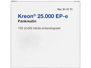 Kreon 100 stk Enterokapsler, hårde Lipase 25.000 EP-e (Håndkøb, apoteksforbeholdt)